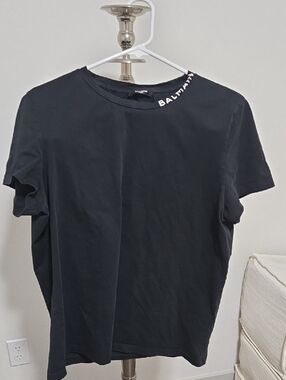 Balmain Black Short Sleeve Crewneck T-Shirt with White Logo Trim